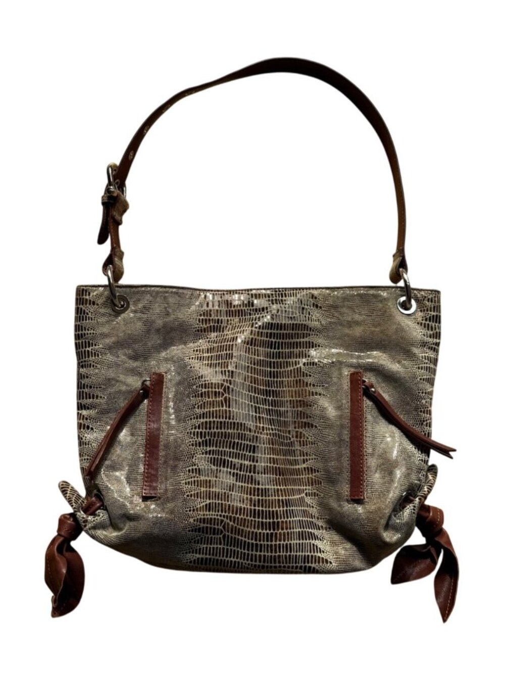 Chez Women's Hobo Bag Tan Brown Leather Snake Embossed Metallic Shoulder Tote